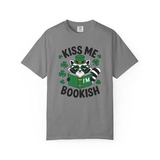 Kiss Me I'm Bookish T-Shirt — St. Patrick’s Day Raccoon Reading Tee