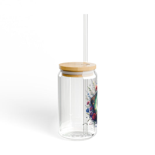 16oz Glass Sipper Tumbler — Cosmic Moon Floral Design (Eco Bamboo Lid & Straw)