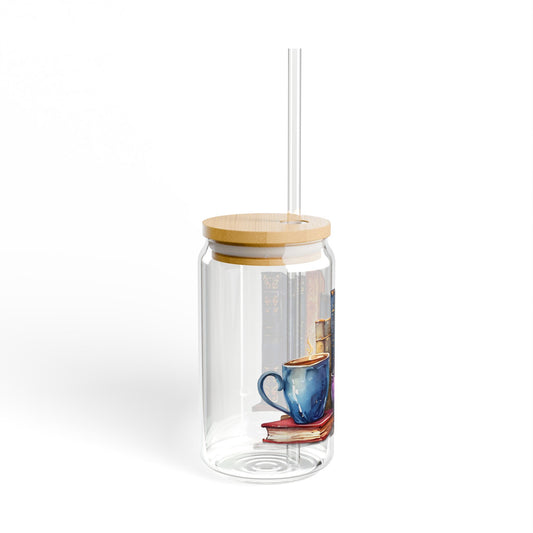 16oz Glass Sipper Tumbler — Cozy Mug and Books Design (Eco Bamboo Lid & Straw)