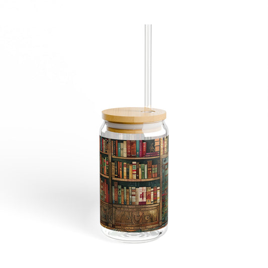 16oz Glass Sipper Tumbler — Library Bookshelf Design (Eco Bamboo Lid & Straw)