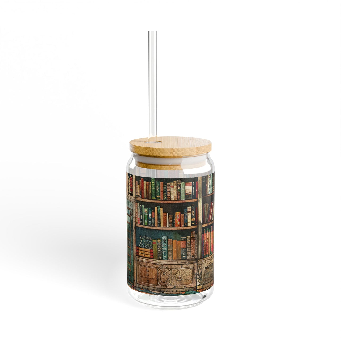 16oz Glass Sipper Tumbler — Library Bookshelf Design (Eco Bamboo Lid & Straw)