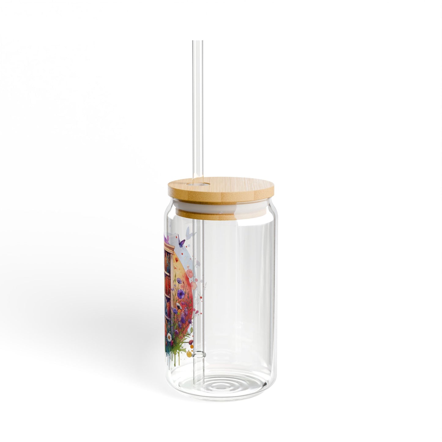 16oz Glass Sipper Tumbler — Floral Bookshelf Design (Eco Bamboo Lid & Straw)
