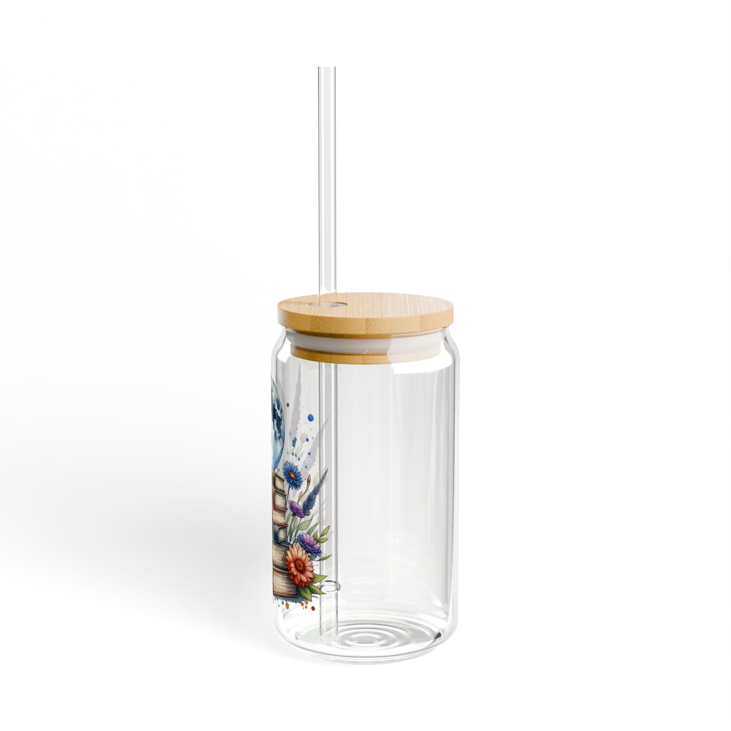 16oz Glass Sipper Tumbler — Bookstack Moon Design (Eco Bamboo Lid & Straw)