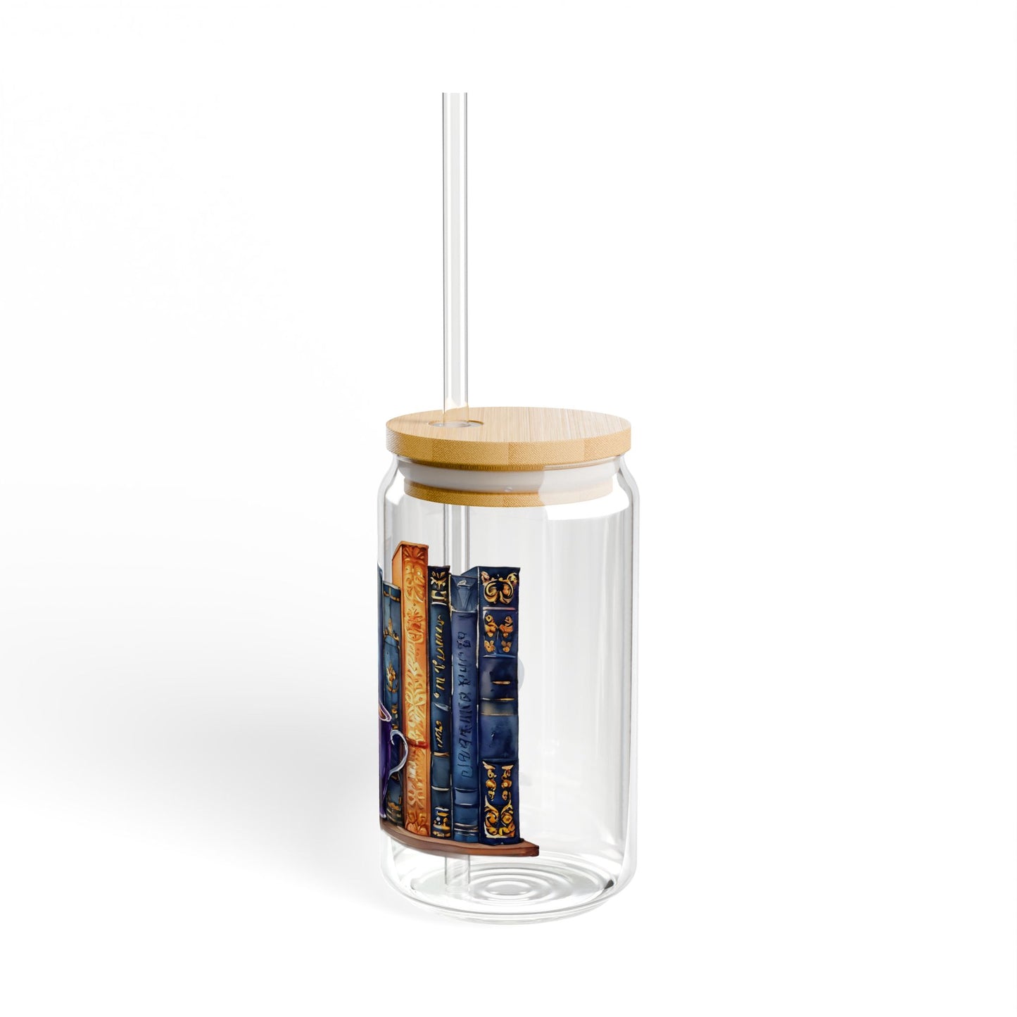 16oz Glass Sipper Tumbler — Cozy Mug and Books Design (Eco Bamboo Lid & Straw)