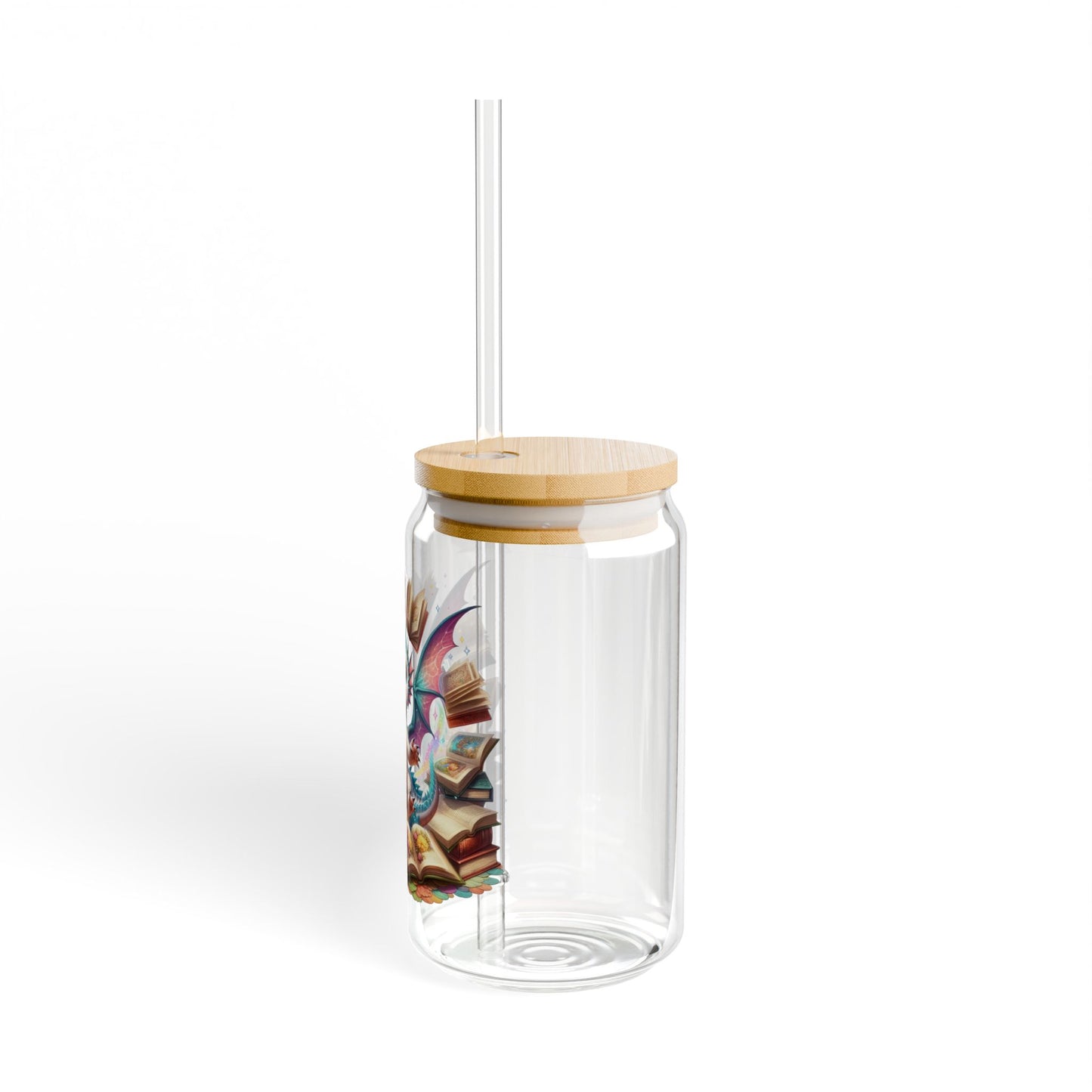 16oz Glass Sipper Tumbler — Book Dragon Design (Eco Bamboo Lid & Straw)