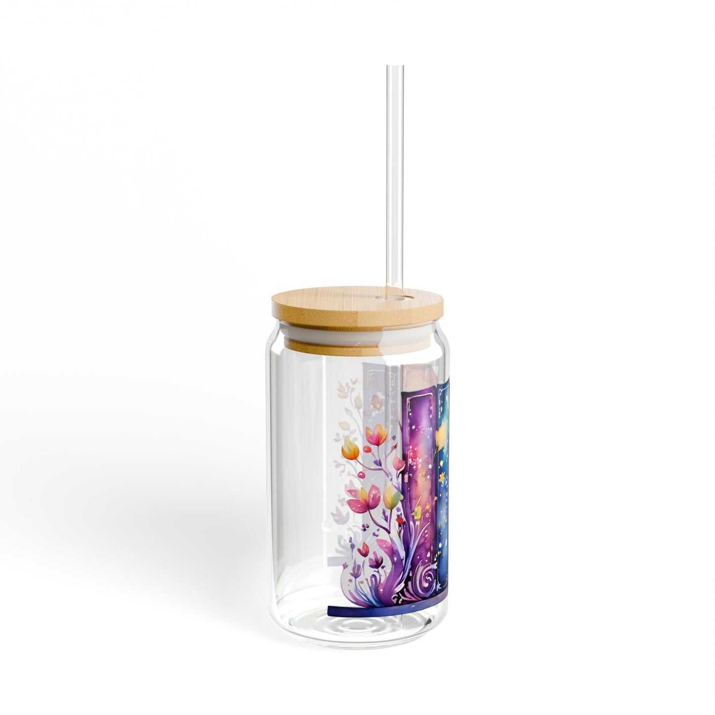 16oz Glass Sipper Tumbler — Colorful Watercolor Bookstack Design (Eco Bamboo Lid & Straw)