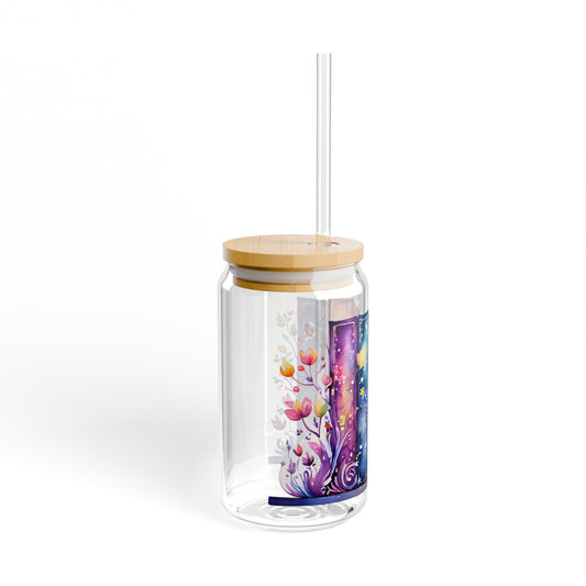 16oz Glass Sipper Tumbler — Colorful Watercolor Bookstack Design (Eco Bamboo Lid & Straw)