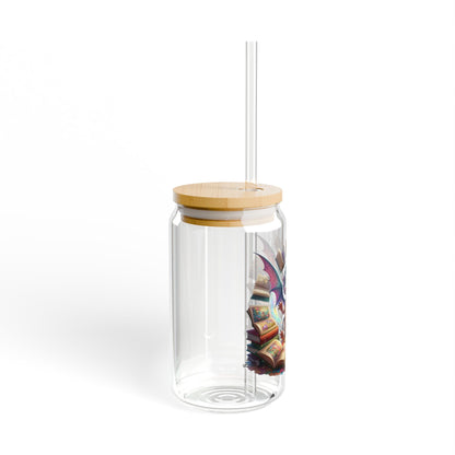 16oz Glass Sipper Tumbler — Book Dragon Design (Eco Bamboo Lid & Straw)