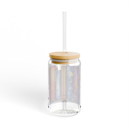 16oz Glass Sipper Tumbler — Colorful Watercolor Bookstack Design (Eco Bamboo Lid & Straw)