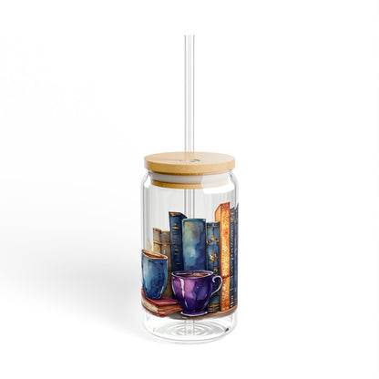 16oz Glass Sipper Tumbler — Cozy Mug and Books Design (Eco Bamboo Lid & Straw)