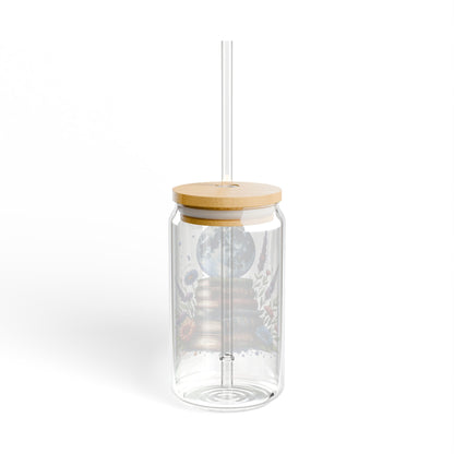 16oz Glass Sipper Tumbler — Bookstack Moon Design (Eco Bamboo Lid & Straw)