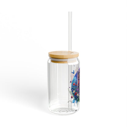 16oz Glass Sipper Tumbler — Floral Bookshelf Design (Eco Bamboo Lid & Straw)