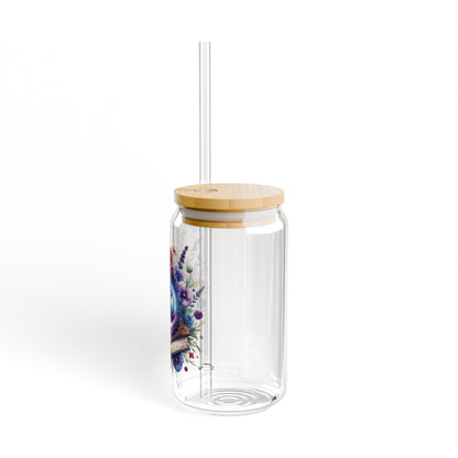 16oz Glass Sipper Tumbler — Cosmic Moon Floral Design (Eco Bamboo Lid & Straw)