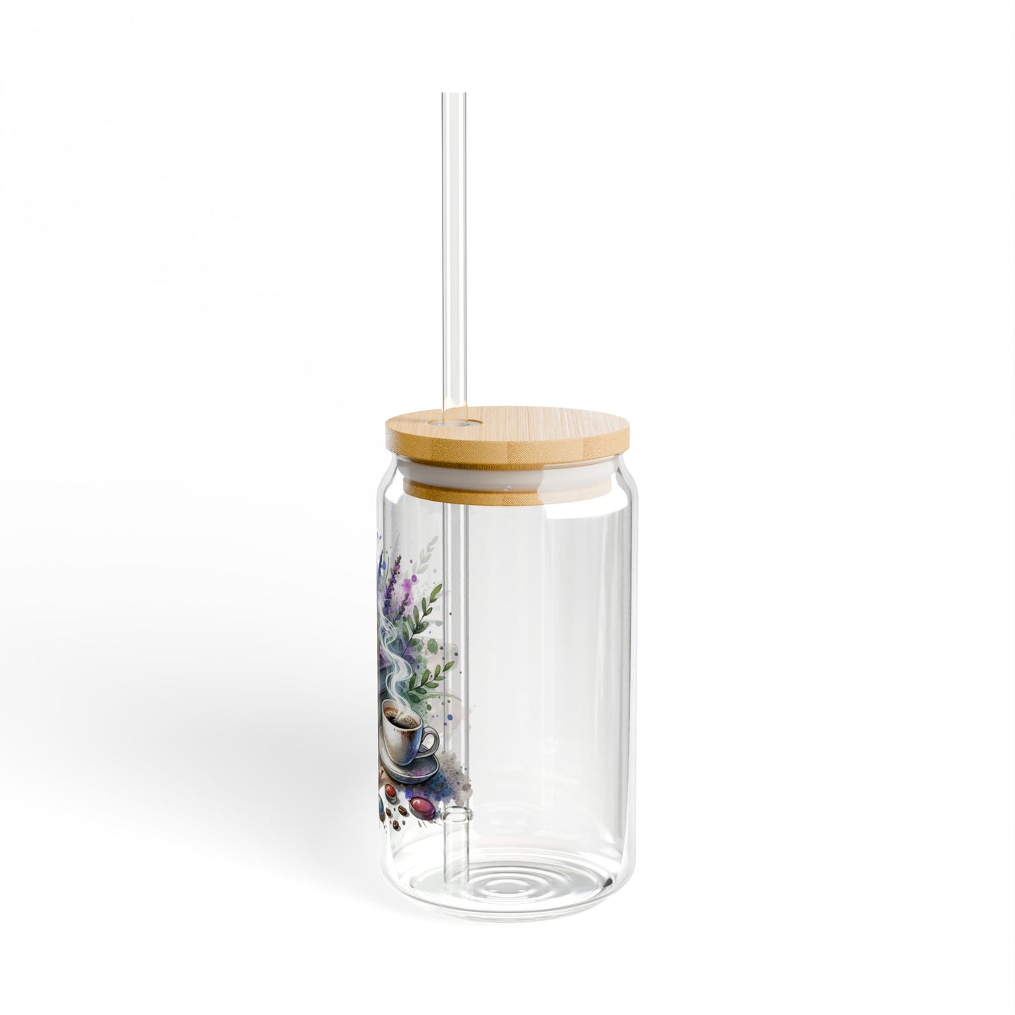 16oz Glass Sipper Tumbler — Lavender, Coffee, and Books Design (Eco Bamboo Lid & Straw)