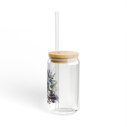 16oz Glass Sipper Tumbler — Lavender, Coffee, and Books Design (Eco Bamboo Lid & Straw)