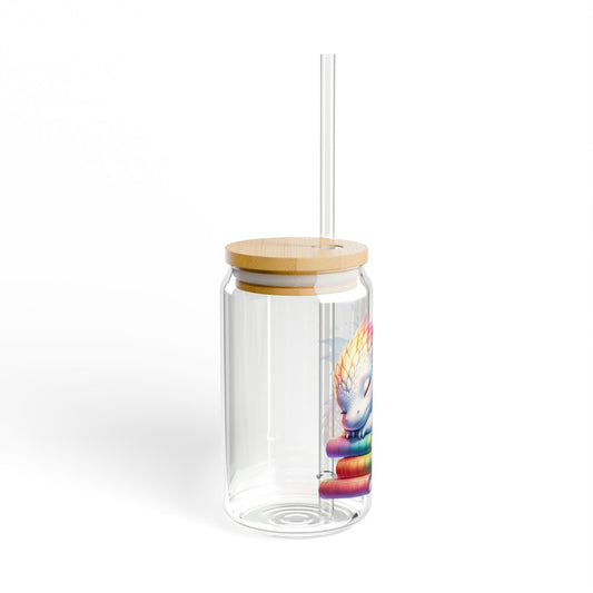 16oz Glass Sipper Tumbler — Rainbow Baby Dragon on Books Design (Eco Bamboo Lid & Straw)