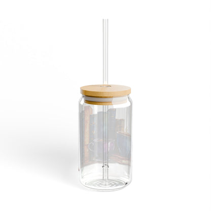 16oz Glass Sipper Tumbler — Cozy Mug and Books Design (Eco Bamboo Lid & Straw)