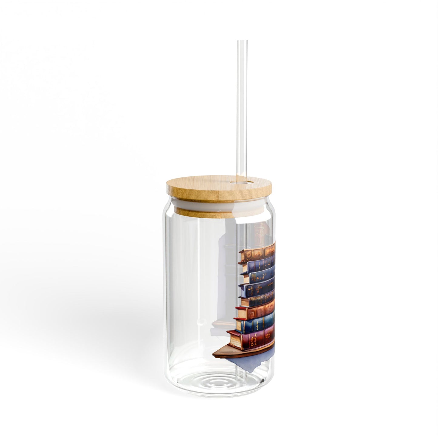 16oz Glass Sipper Tumbler — Vintage Book Stacks Design (Eco Bamboo Lid & Straw)