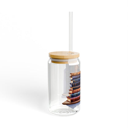16oz Glass Sipper Tumbler — Vintage Book Stacks Design (Eco Bamboo Lid & Straw)