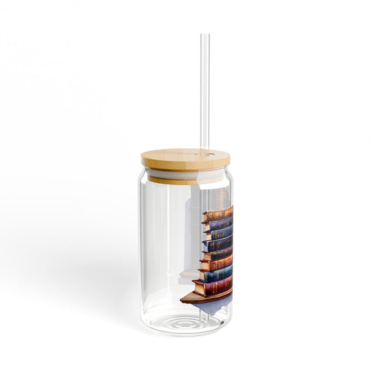 16oz Glass Sipper Tumbler — Vintage Book Stacks Design (Eco Bamboo Lid & Straw)