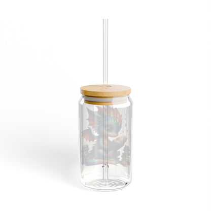 16oz Glass Sipper Tumbler — Colorful Baby Dragon Reading Design (Eco Bamboo Lid & Straw)
