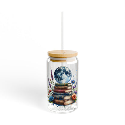 16oz Glass Sipper Tumbler — Bookstack Moon Design (Eco Bamboo Lid & Straw)
