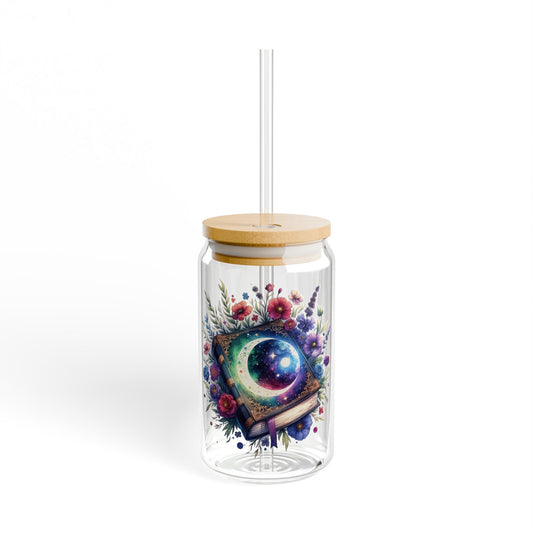 16oz Glass Sipper Tumbler — Cosmic Moon Floral Design (Eco Bamboo Lid & Straw)