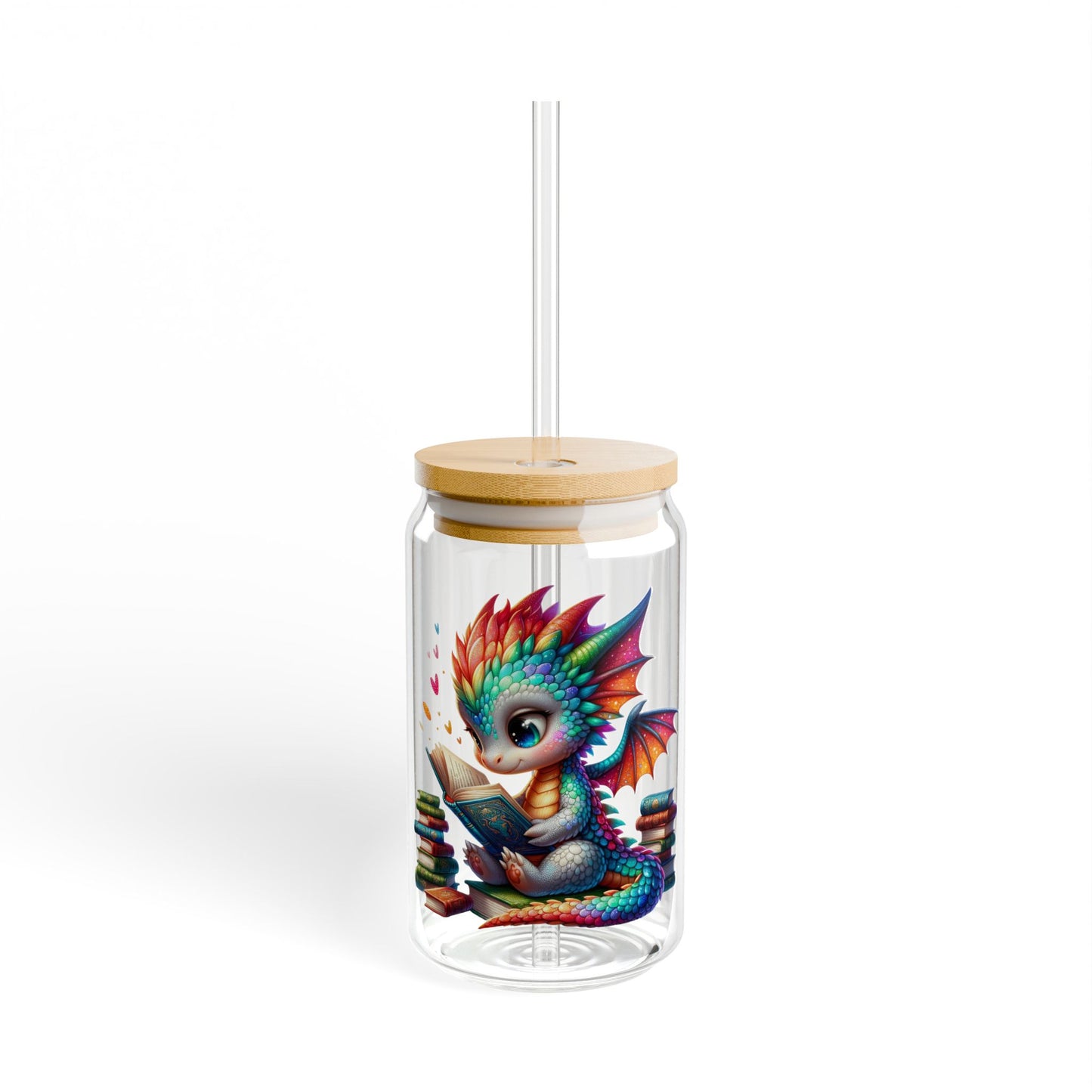 16oz Glass Sipper Tumbler — Colorful Baby Dragon Reading Design (Eco Bamboo Lid & Straw)