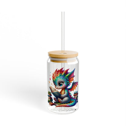 16oz Glass Sipper Tumbler — Colorful Baby Dragon Reading Design (Eco Bamboo Lid & Straw)