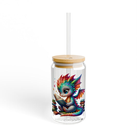 16oz Glass Sipper Tumbler — Colorful Baby Dragon Reading Design (Eco Bamboo Lid & Straw)