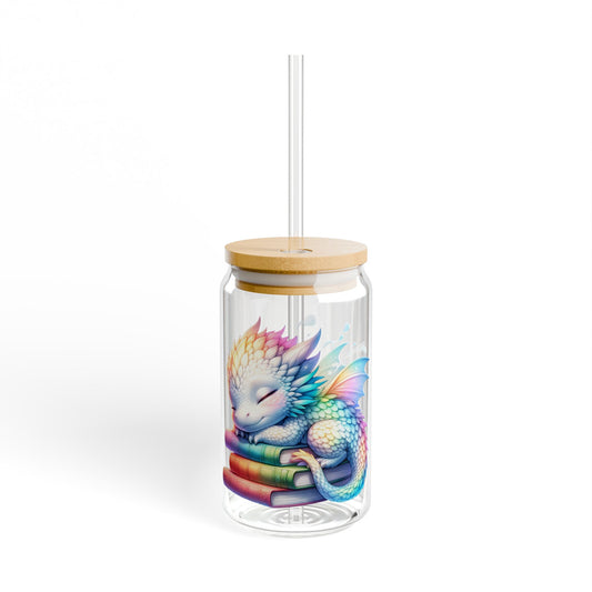 16oz Glass Sipper Tumbler — Rainbow Baby Dragon on Books Design (Eco Bamboo Lid & Straw)
