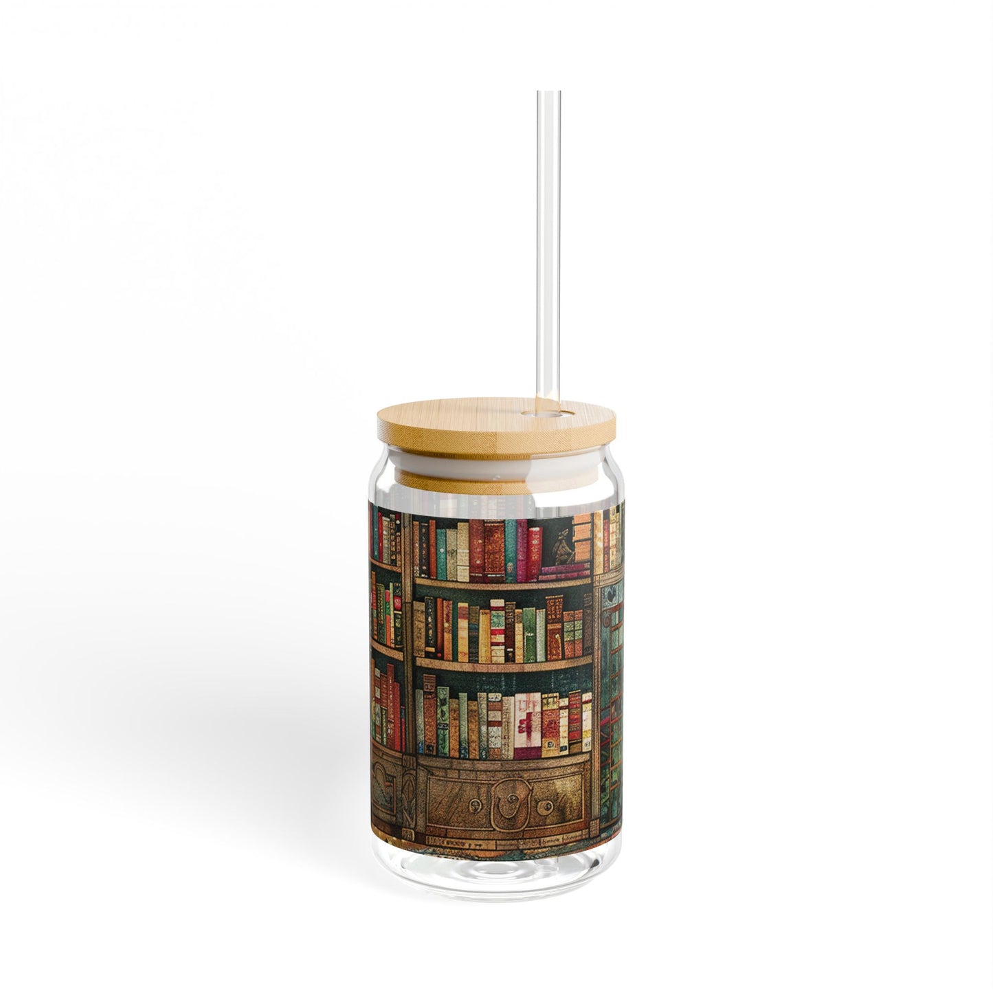 16oz Glass Sipper Tumbler — Library Bookshelf Design (Eco Bamboo Lid & Straw)