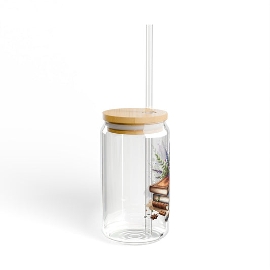 16oz Glass Sipper Tumbler — Lavender, Coffee, and Books Design (Eco Bamboo Lid & Straw)