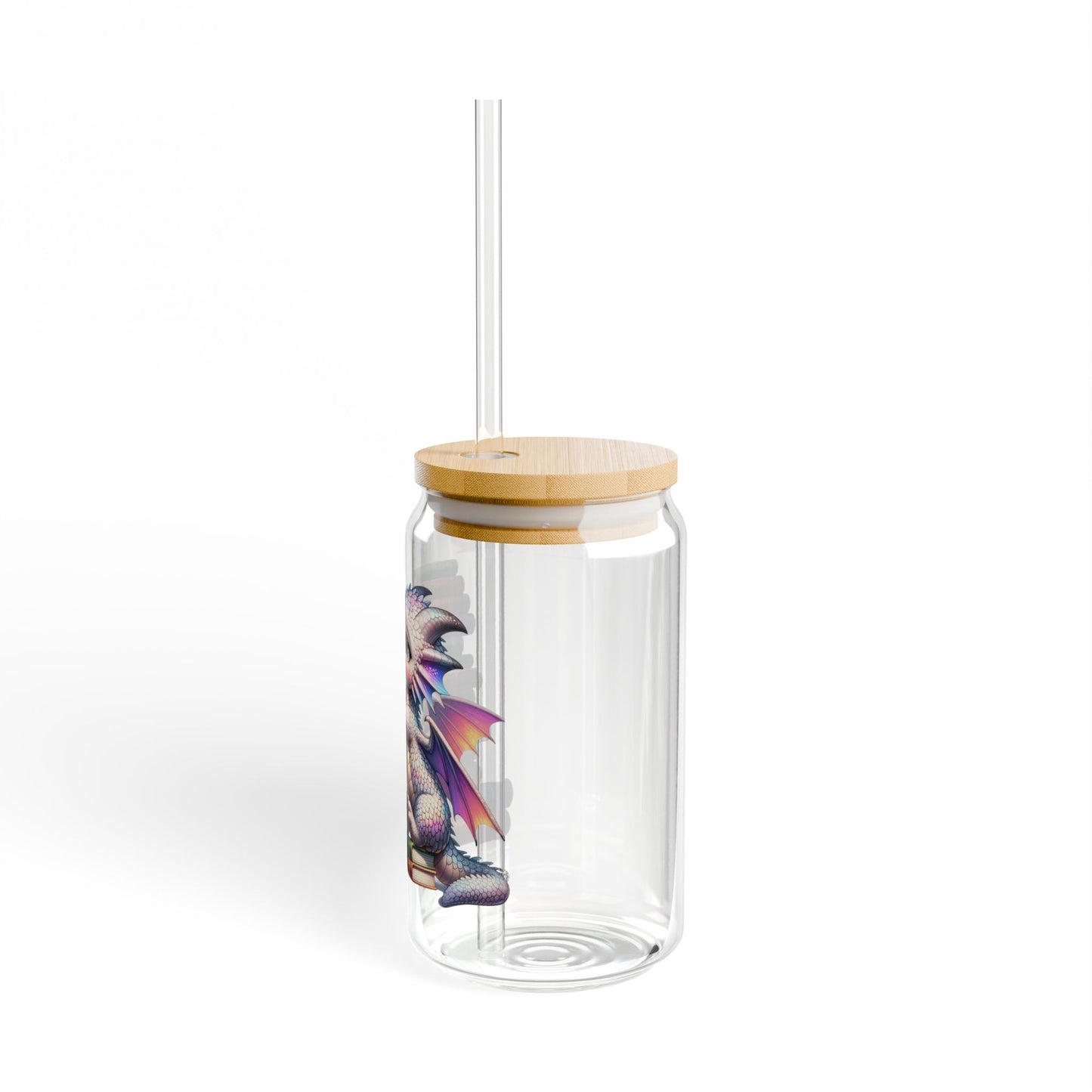 16oz Glass Sipper Tumbler — Cute Baby Dragon & Books Design (Eco Bamboo Lid & Straw)