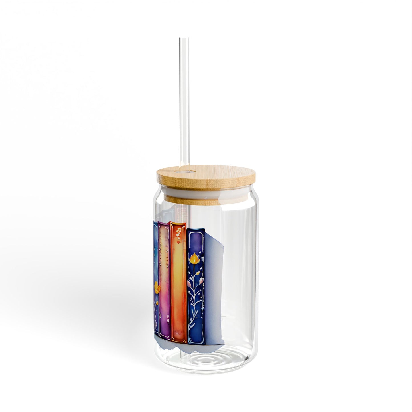 16oz Glass Sipper Tumbler — Colorful Book Spine Library Design (Eco Bamboo Lid & Straw)