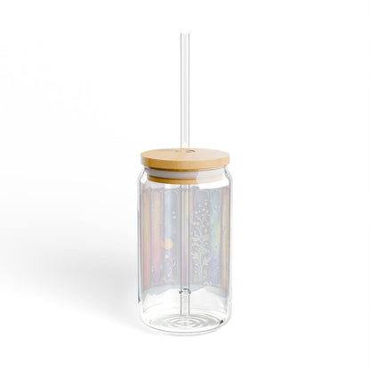 16oz Glass Sipper Tumbler — Colorful Book Spine Library Design (Eco Bamboo Lid & Straw)