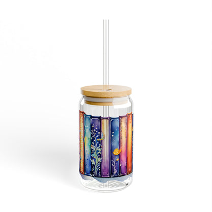 16oz Glass Sipper Tumbler — Colorful Book Spine Library Design (Eco Bamboo Lid & Straw)