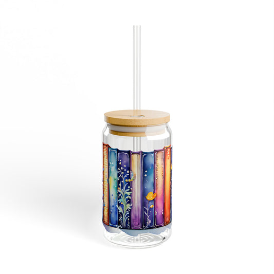 16oz Glass Sipper Tumbler — Colorful Book Spine Library Design (Eco Bamboo Lid & Straw)