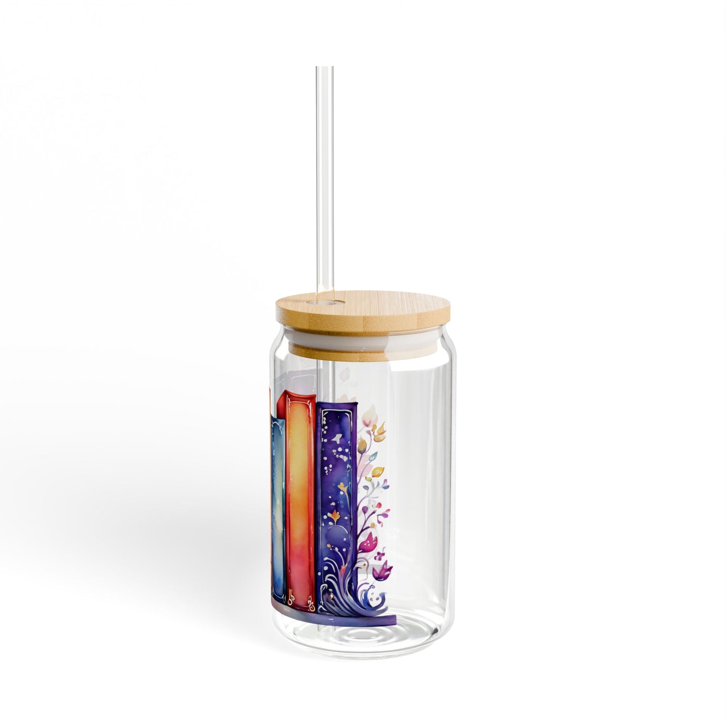16oz Glass Sipper Tumbler — Colorful Watercolor Bookstack Design (Eco Bamboo Lid & Straw)