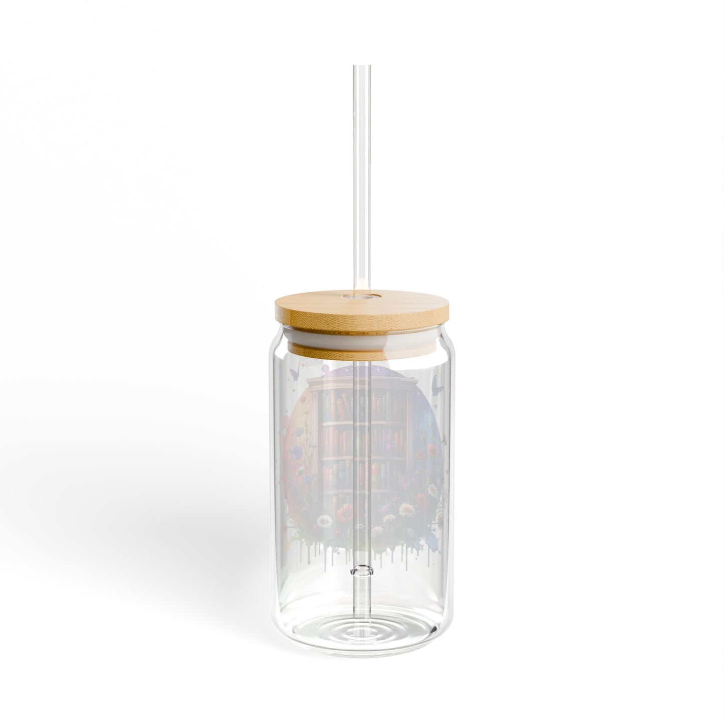 16oz Glass Sipper Tumbler — Floral Bookshelf Design (Eco Bamboo Lid & Straw)
