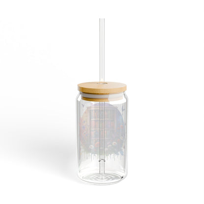 16oz Glass Sipper Tumbler — Floral Bookshelf Design (Eco Bamboo Lid & Straw)