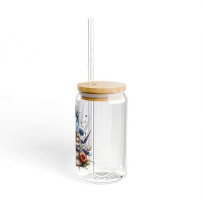 16oz Glass Sipper Tumbler — Bookstack Moon Design (Eco Bamboo Lid & Straw)