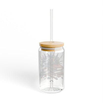 16oz Glass Sipper Tumbler — Lavender, Coffee, and Books Design (Eco Bamboo Lid & Straw)