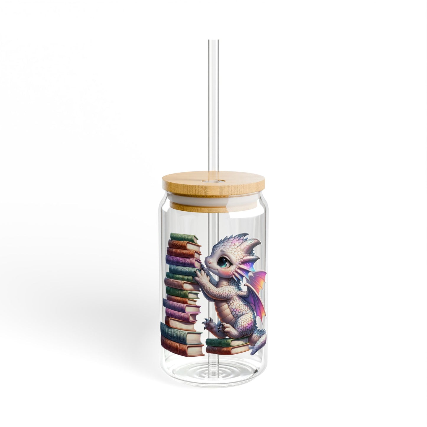 16oz Glass Sipper Tumbler — Cute Baby Dragon & Books Design (Eco Bamboo Lid & Straw)