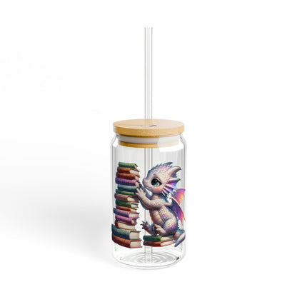 16oz Glass Sipper Tumbler — Cute Baby Dragon & Books Design (Eco Bamboo Lid & Straw)
