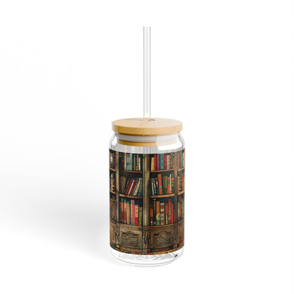 16oz Glass Sipper Tumbler — Library Bookshelf Design (Eco Bamboo Lid & Straw)