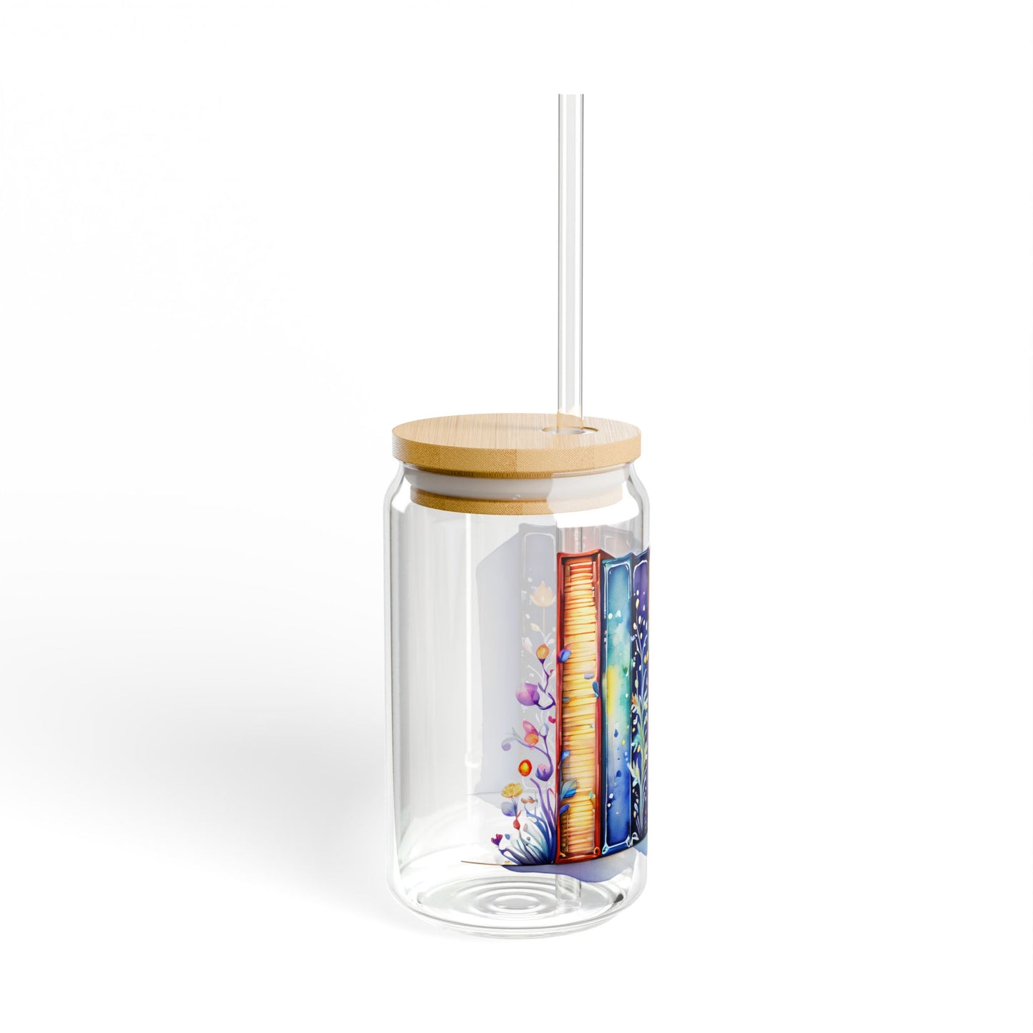 16oz Glass Sipper Tumbler — Colorful Book Spine Library Design (Eco Bamboo Lid & Straw)