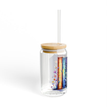 16oz Glass Sipper Tumbler — Colorful Book Spine Library Design (Eco Bamboo Lid & Straw)