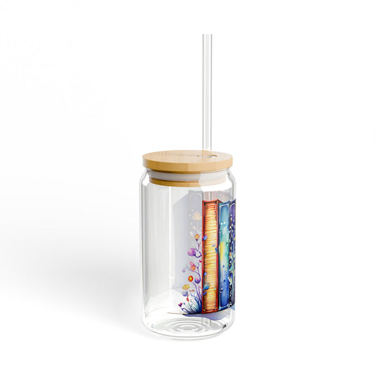 16oz Glass Sipper Tumbler — Colorful Book Spine Library Design (Eco Bamboo Lid & Straw)