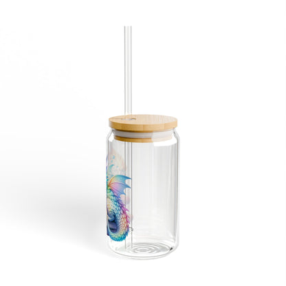 16oz Glass Sipper Tumbler — Rainbow Baby Dragon on Books Design (Eco Bamboo Lid & Straw)